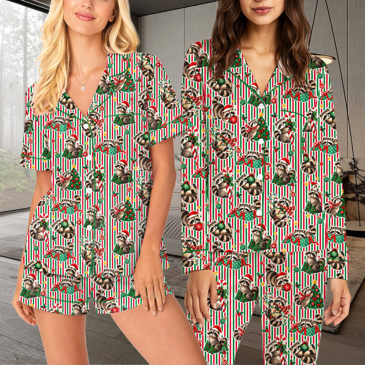 Front view of holiday matching pajamas family in red and green