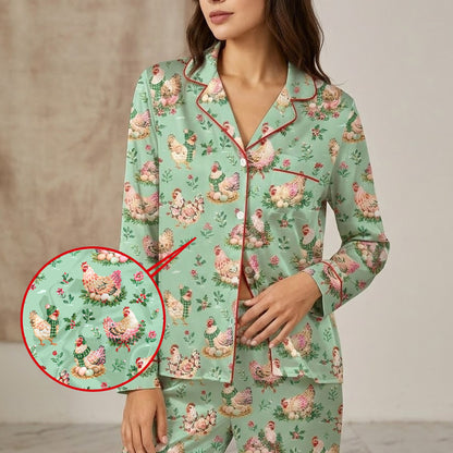 Another front view of the light green family matching xmas pajamas with holiday chicken print