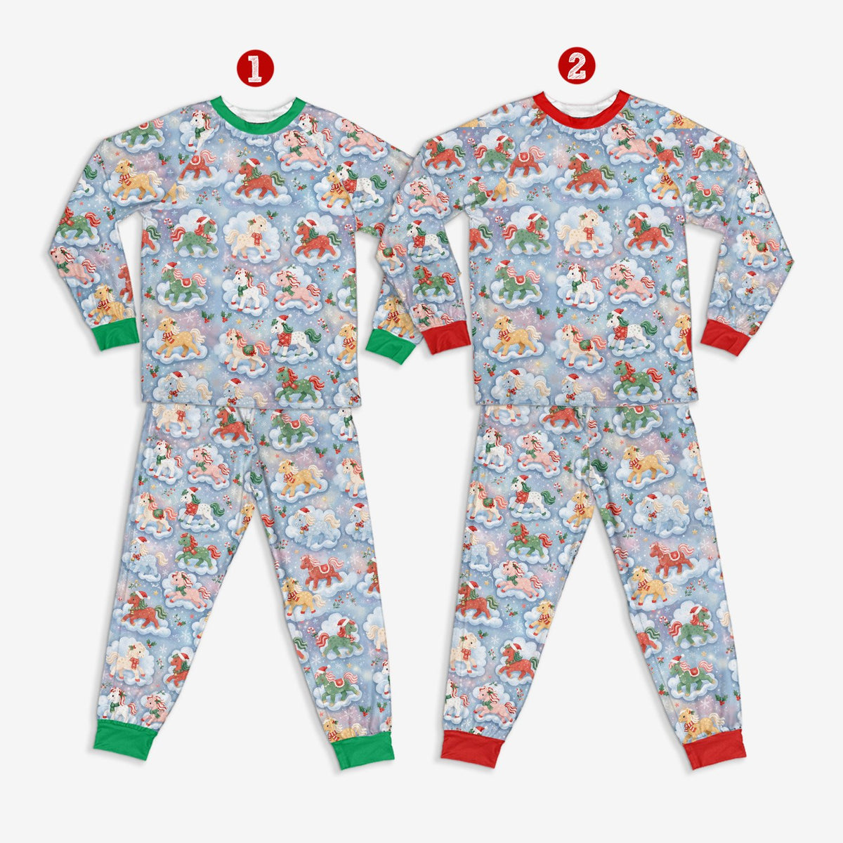 Close-up front view of the festive unicorn and horse christmas pajama set
