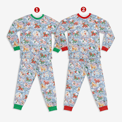 Close-up front view of the festive unicorn and horse christmas pajama set