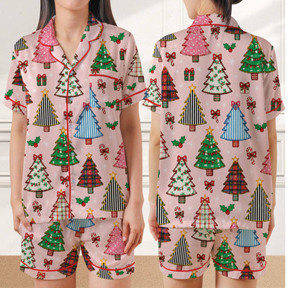 Alternate front view of the festive pink holiday pajama set with candy cane motifs
