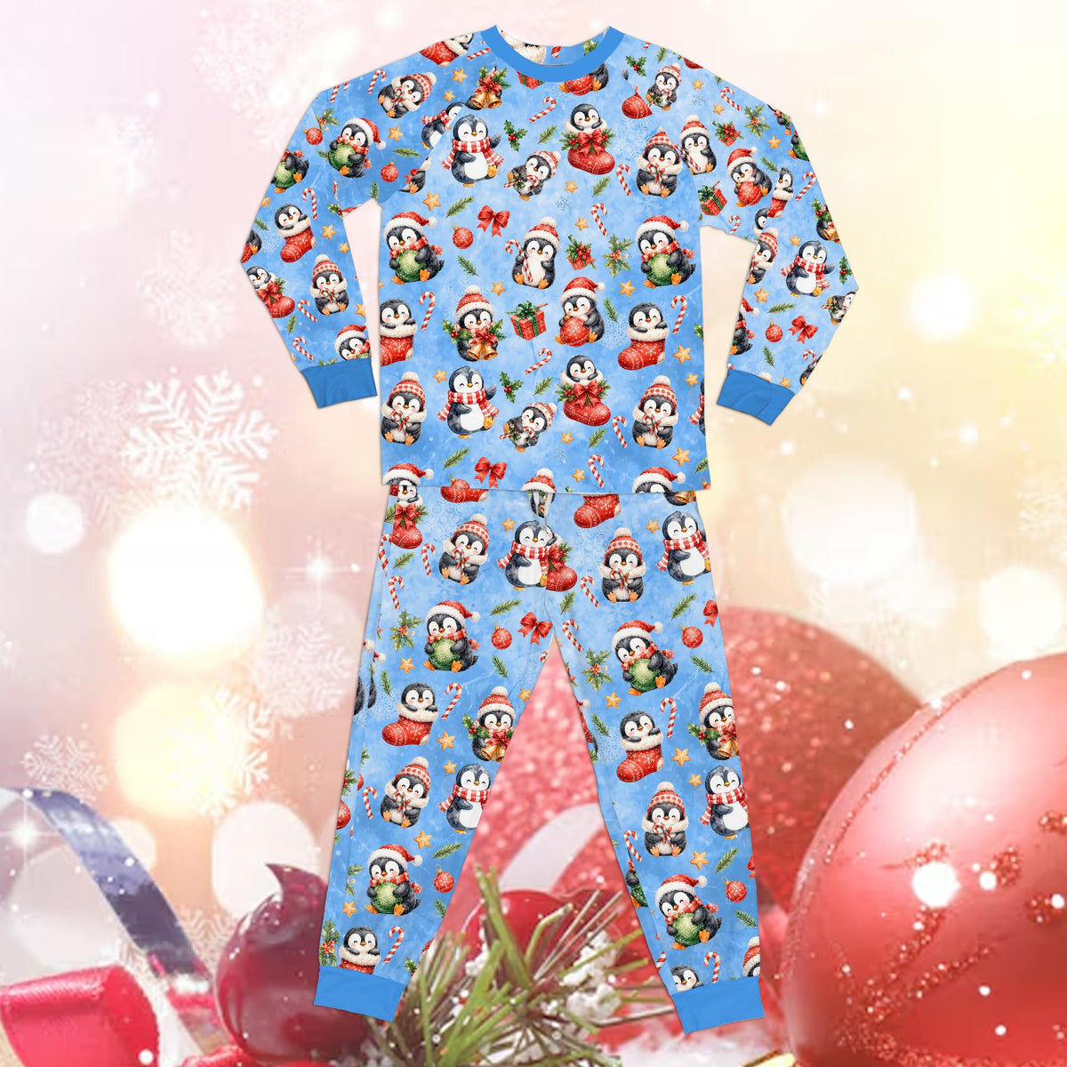 Close up front view of the penguin holiday pajamas pattern
