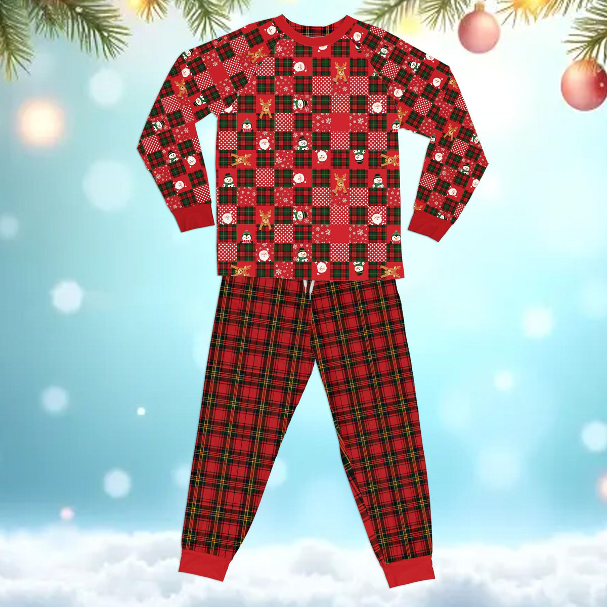 Close-up front view of the festive patchwork top on the christmas pajama set