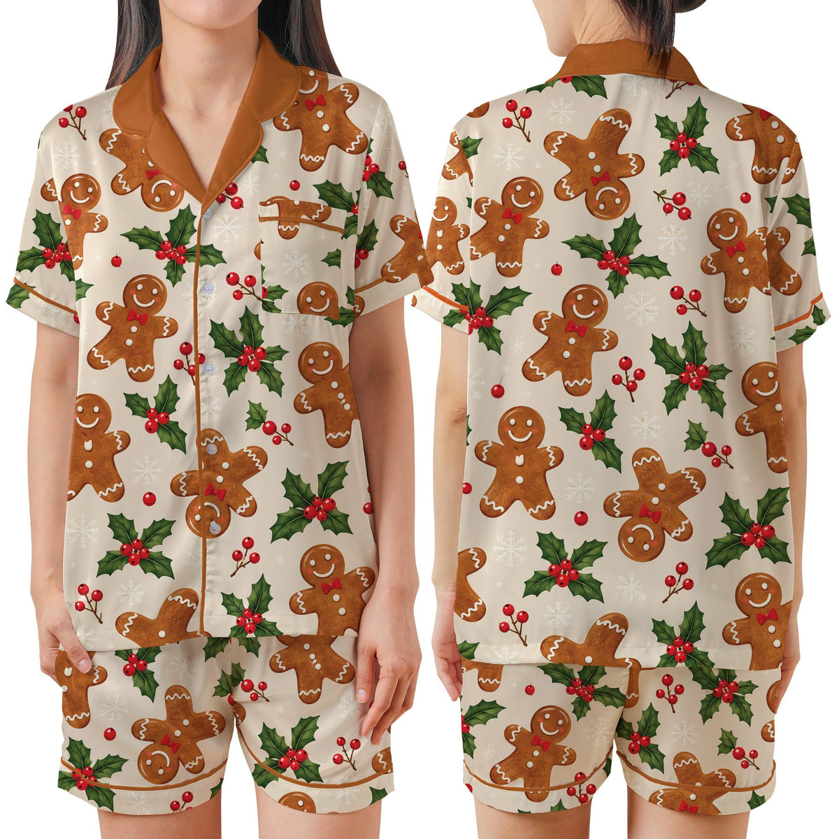 Alternate front view of the festive christmas pajama set top