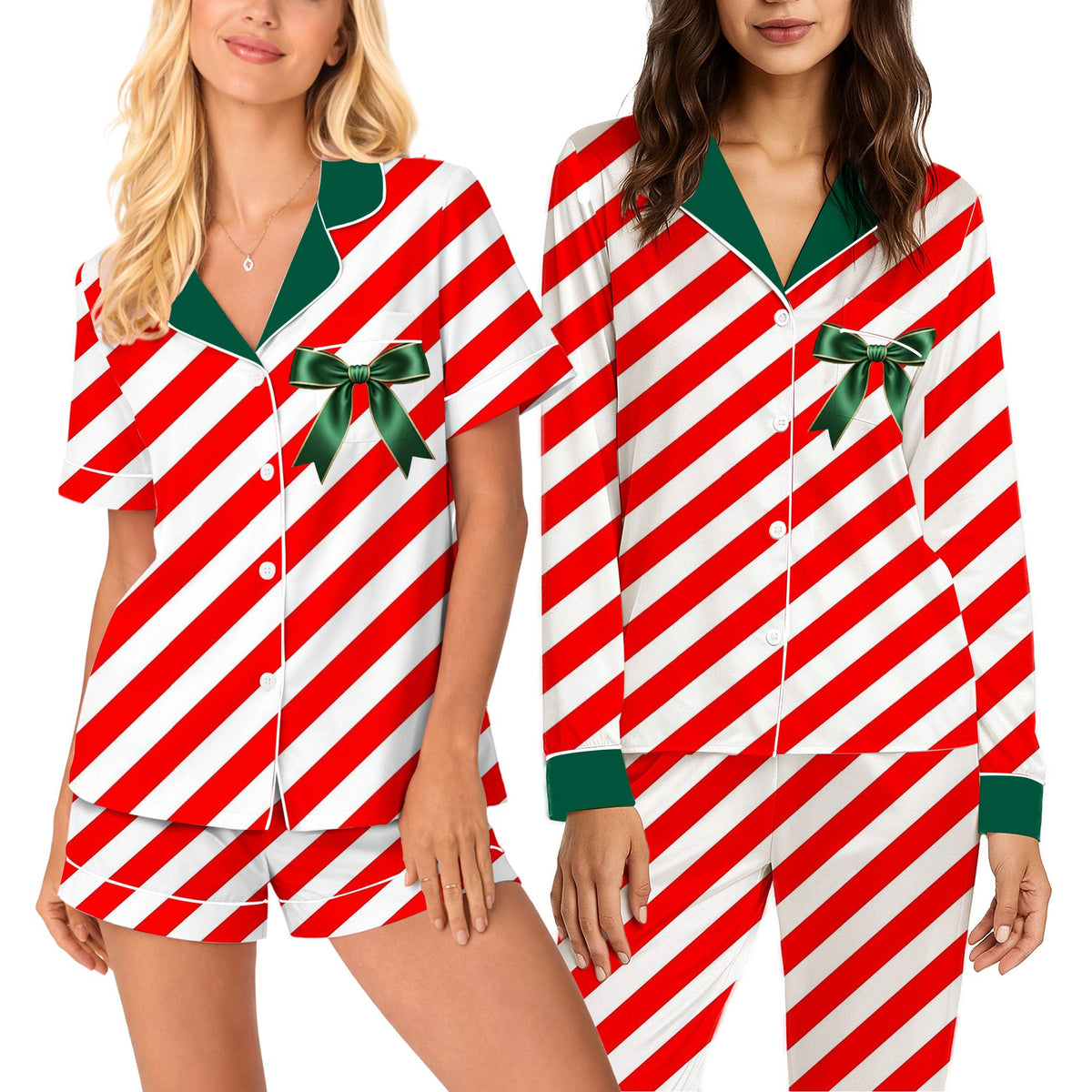Matching family christmas pajama set featuring various holiday patterns, front view 2
