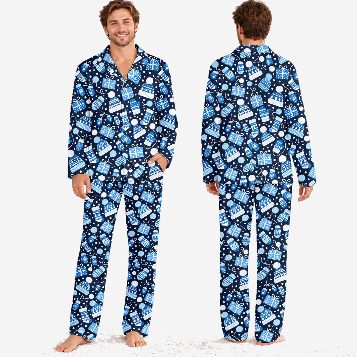 Front view of the multicolor holiday matching family pajamas top and pants