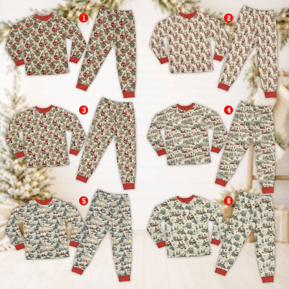 Matching xmas family pajamas with vintage winter scenes and red cuffs