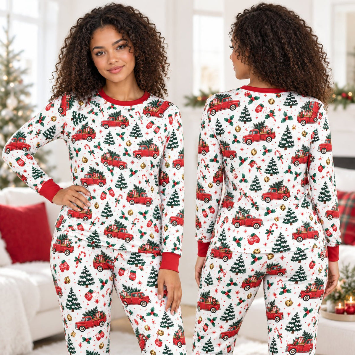 Front view of christmas pajama set with red trim