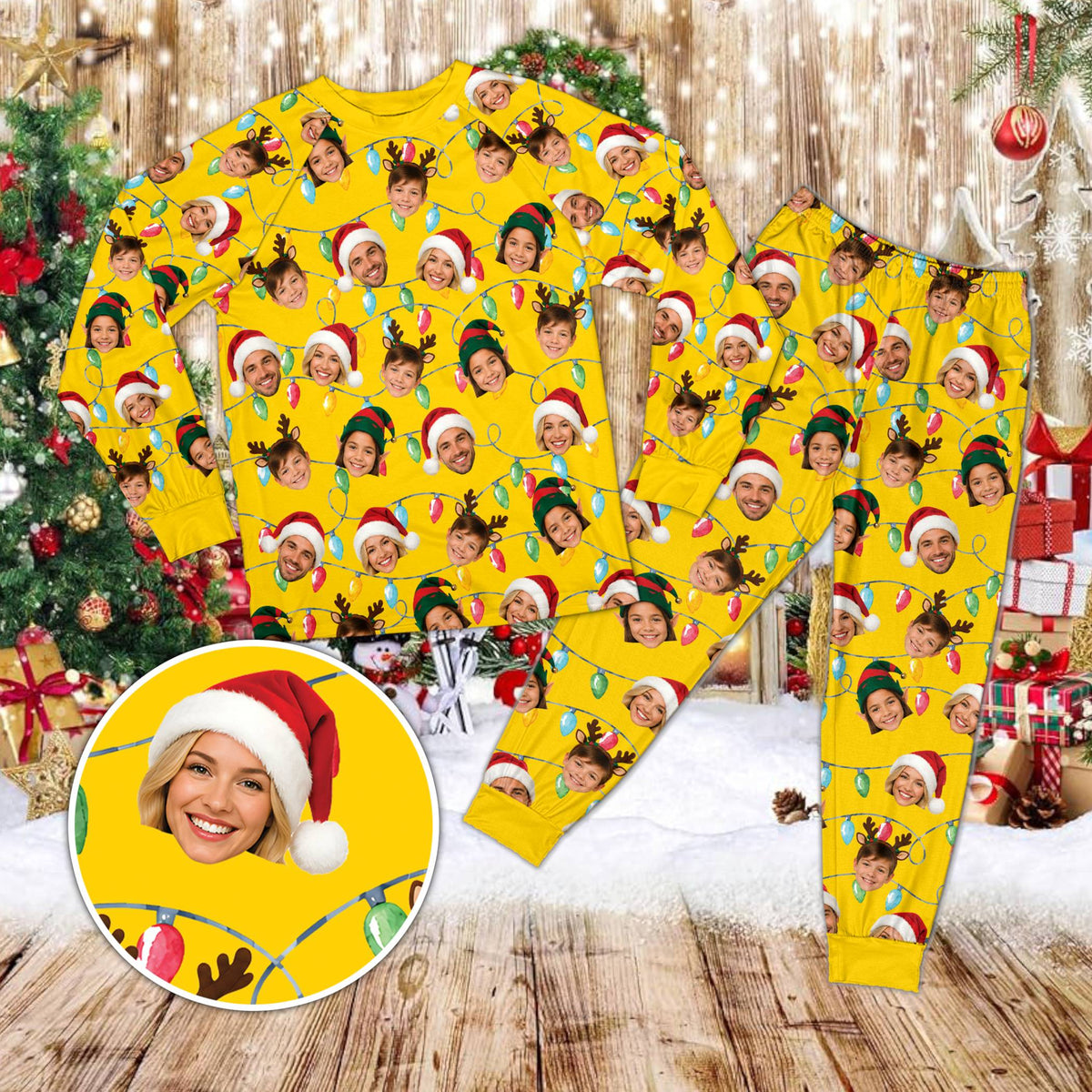 Main view of the personalized christmas pajama set featuring holiday lights and custom faces