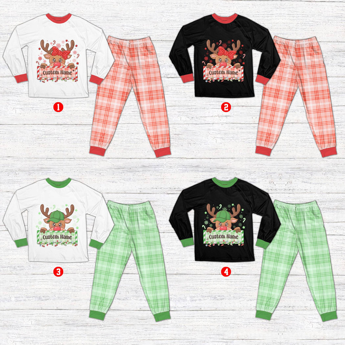 Front view of multicolor custom reindeer matching family pajamas