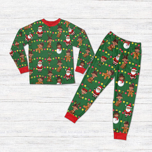 Main view of the personalized christmas pajama set featuring custom faces on holiday characters