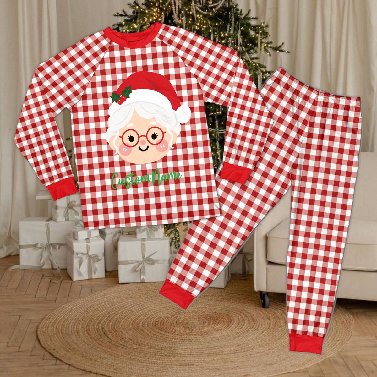 Matching family christmas pajama set with festive characters and custom names, main view