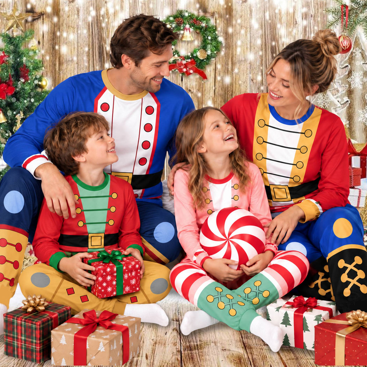 Matching family christmas pajama set in festive costume designs, group view
