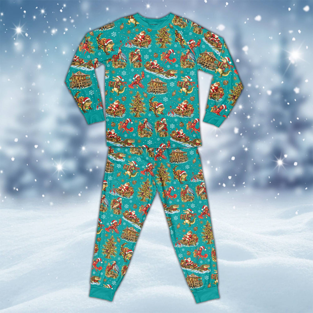 Multicolor holiday matching family pajamas with swamp house and pelican, front view