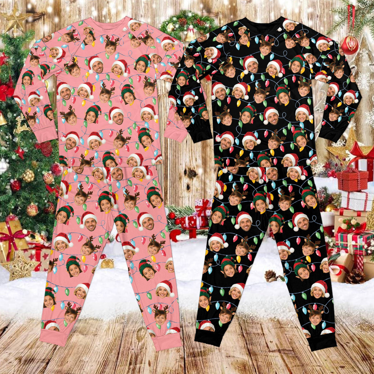 Close-up front view of the festive pajamas with custom face cut-outs