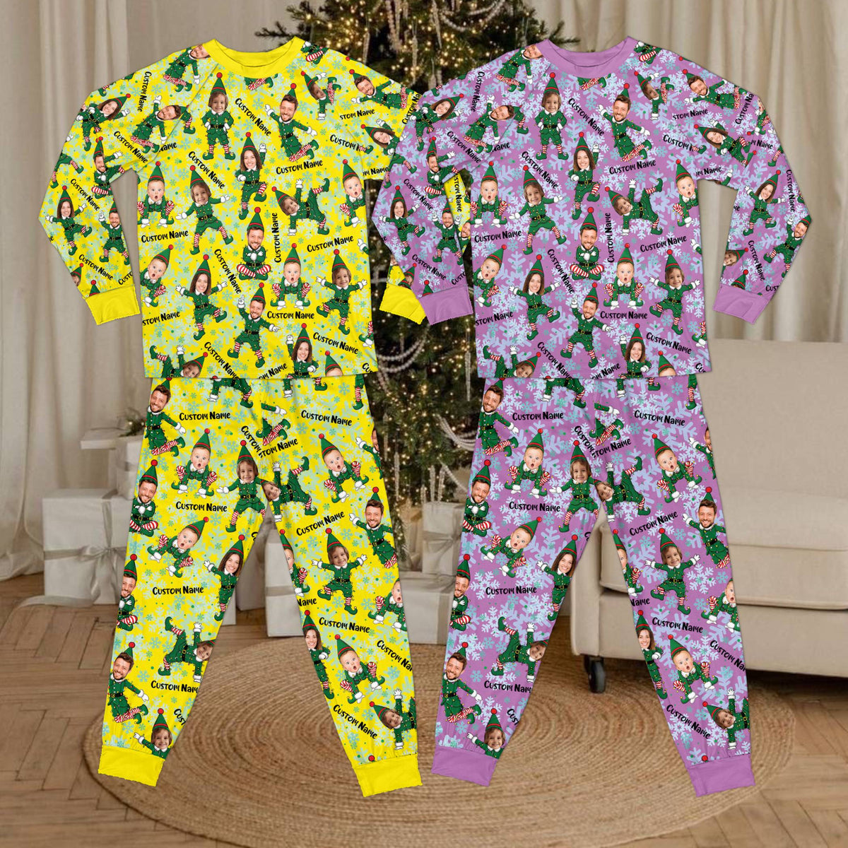Matching xmas pajamas family in yellow, front view