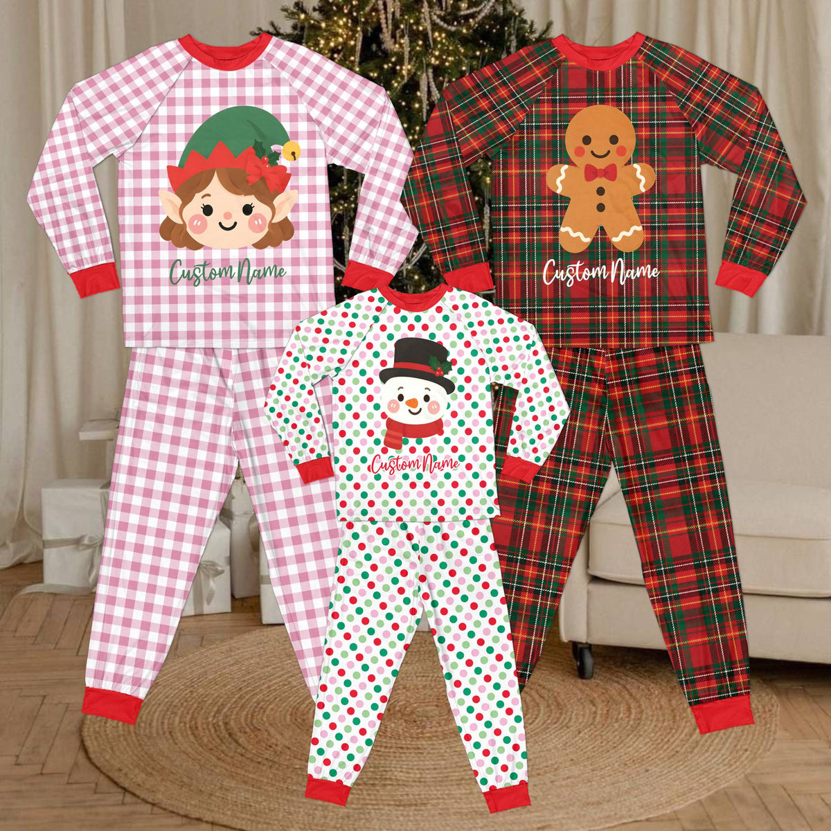 Front view of snowman and gingerbread custom pajama set