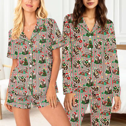 Another front view of the raccoon family matching holiday pajamas
