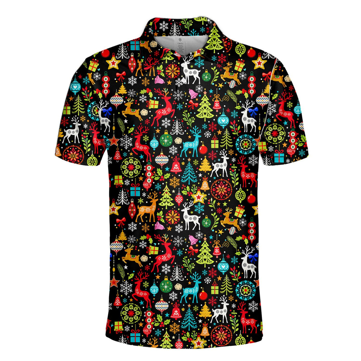 Festive polyester family pajama set in black with colorful ornaments and gifts, front view 3