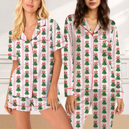 Front view of the festive christmas pajama set top and bottom