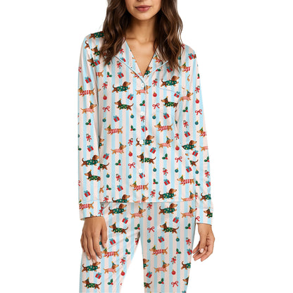 Detailed front view of the dachshund print pajama set