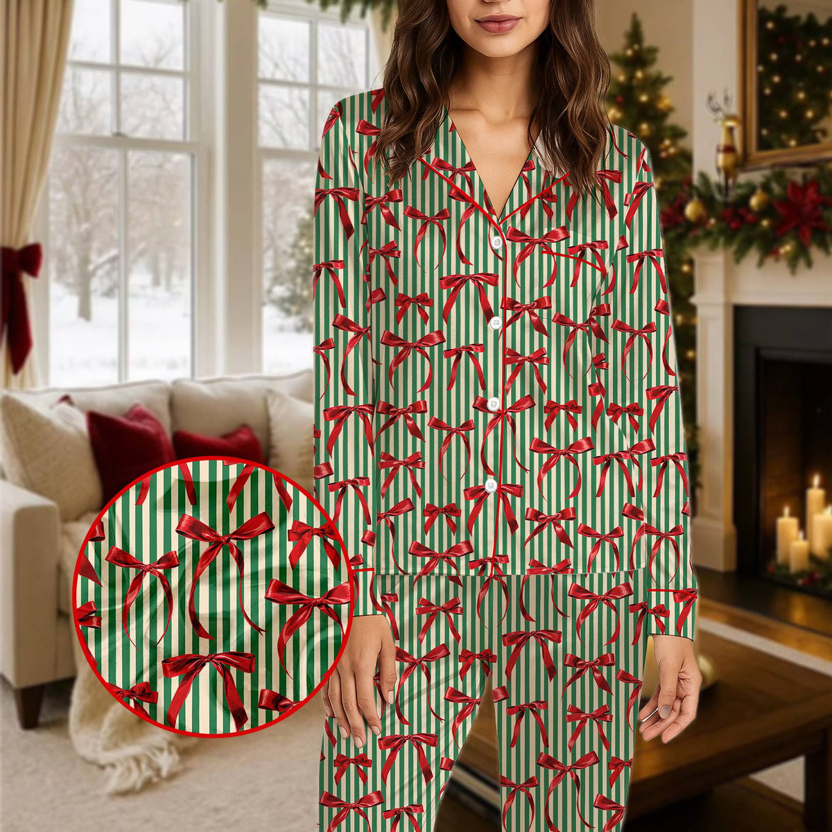Detailed front view of the green and white striped pajama set.
