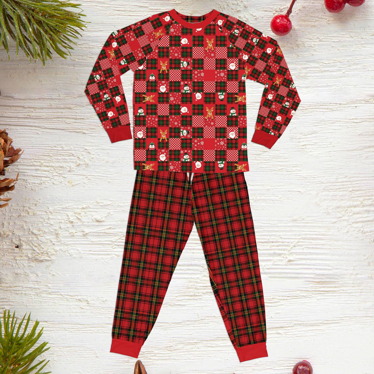 Another front view highlighting the red and green tartan plaid pants