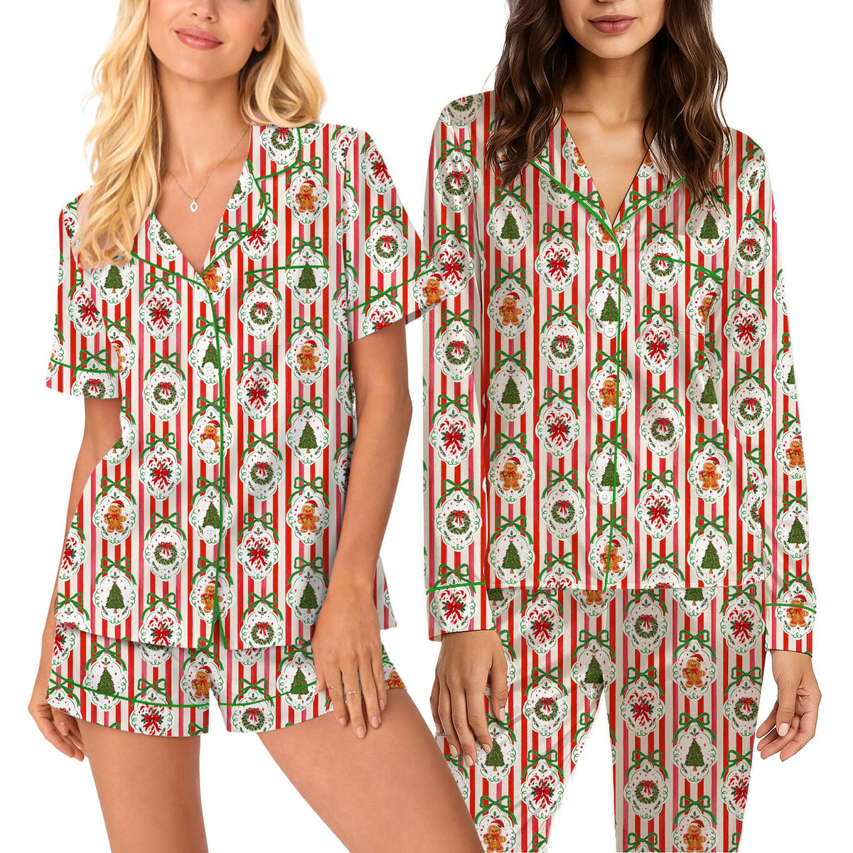 Detailed view of the gingerbread and tree pattern on the holiday pajamas