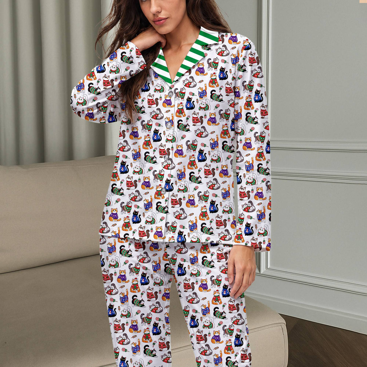 Front view of the multicolor cat print pajama set