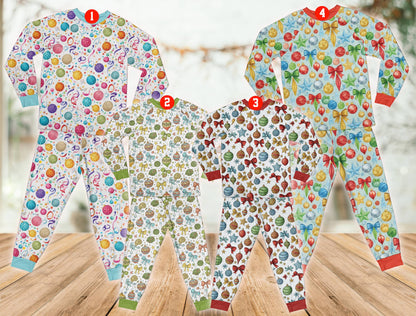 Front view of the matching family pajama set with colorful holiday print