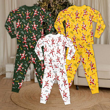 Multicolor family matching holiday pajamas with snowflakes, front view