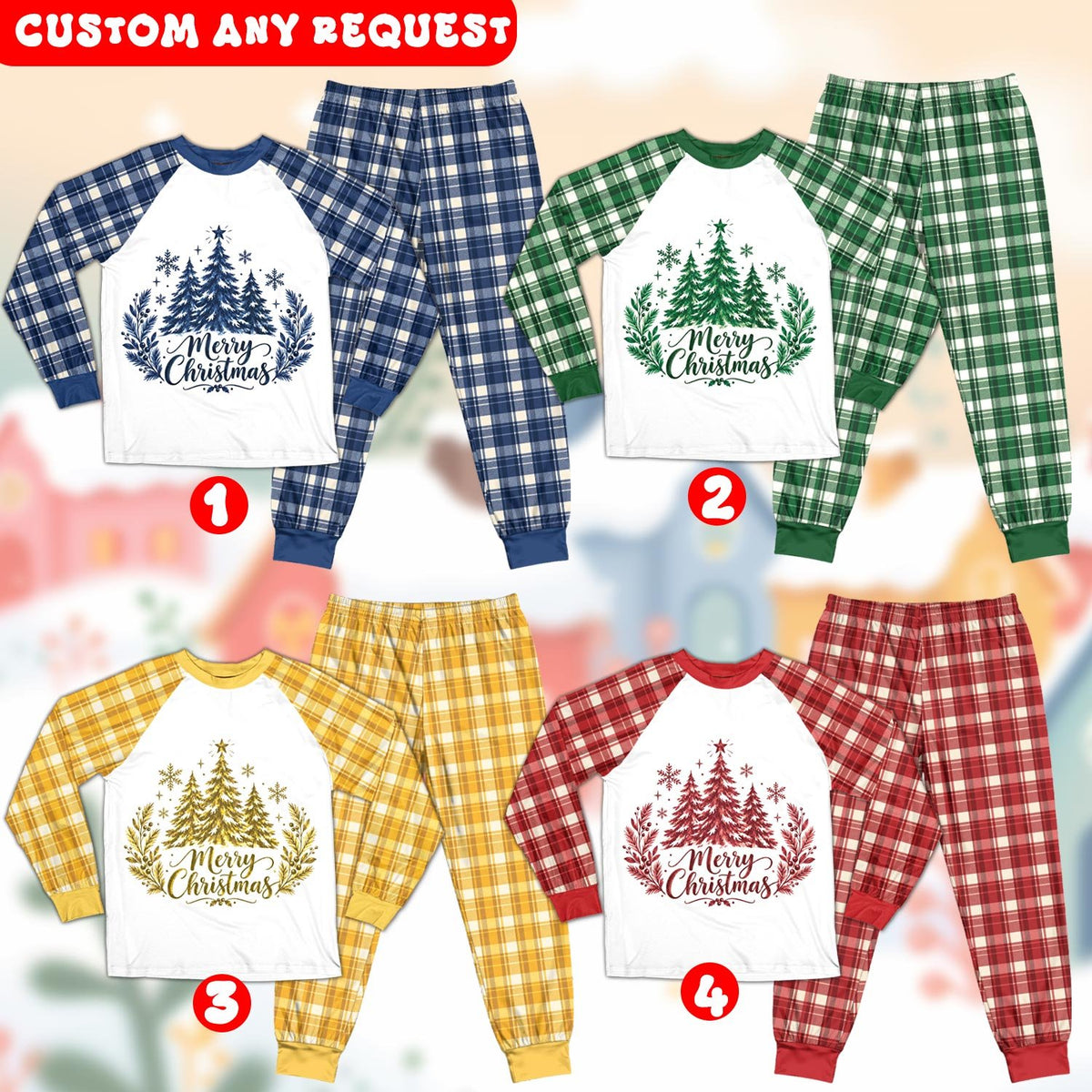 Multicolor matching family christmas pajama set featuring pine trees and Merry Christmas script