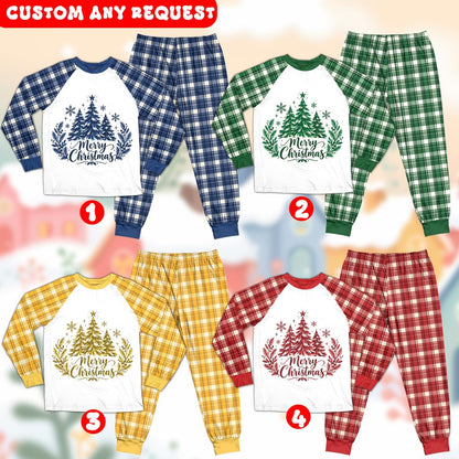 Multicolor matching family christmas pajama set featuring pine trees and Merry Christmas script