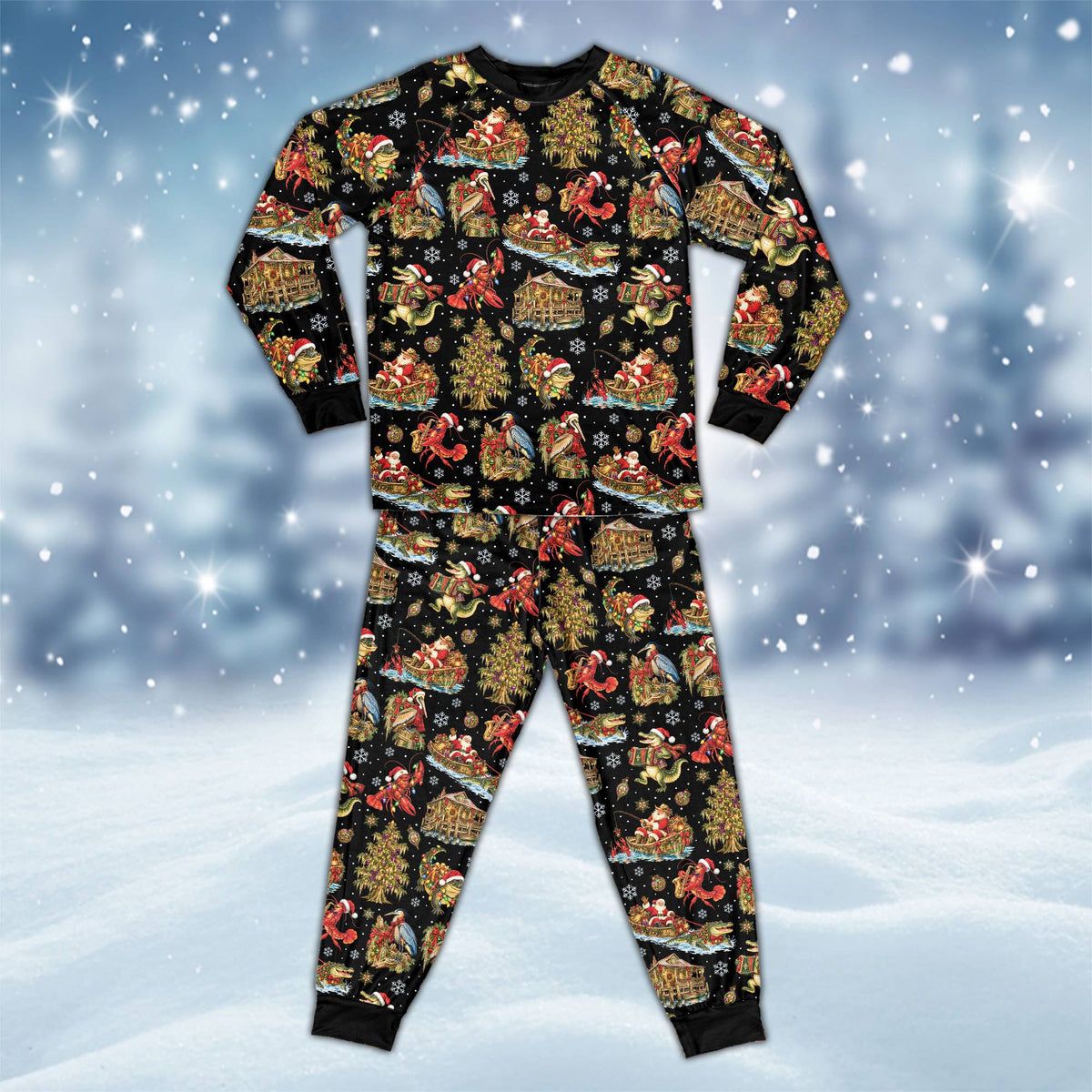 Multicolor christmas pajama set featuring crawfish and snowflakes, front view