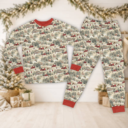 Red collar and cuff details on the holiday pajama top