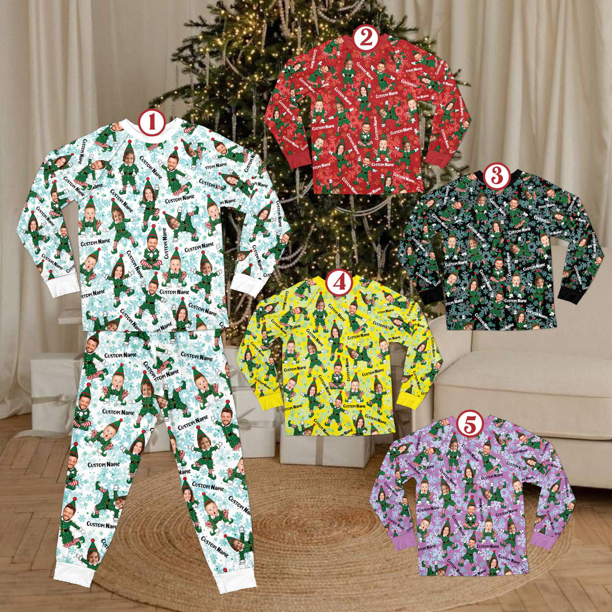 Matching xmas pajamas family in purple, front view