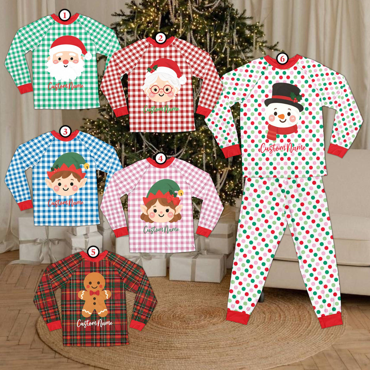 Front view of polka dot family christmas matching pajamas