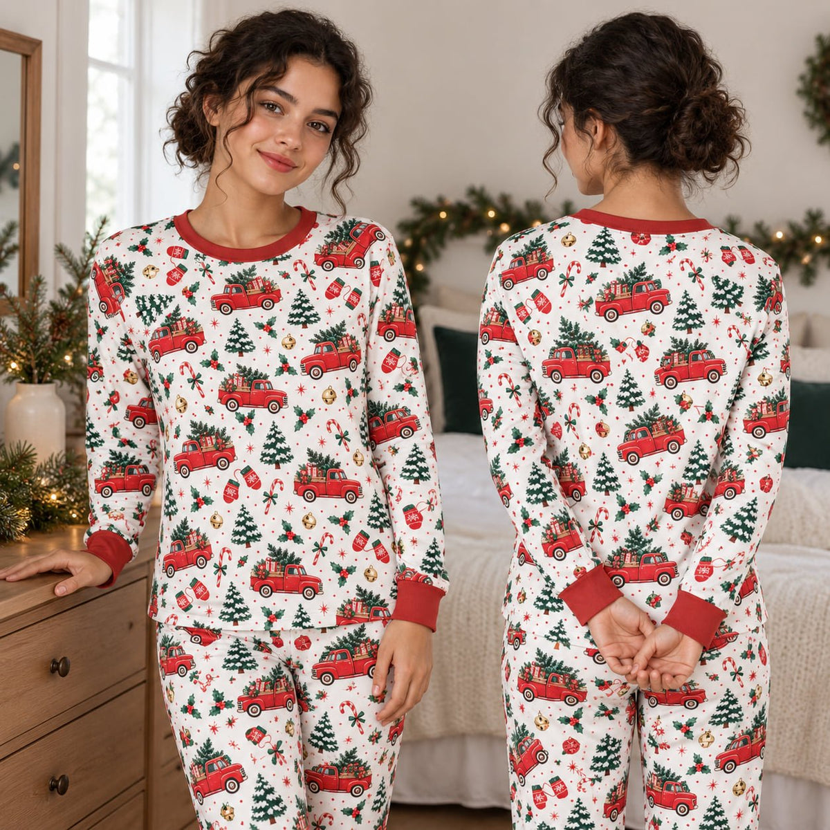 Matching xmas family pajamas outfit displayed flat