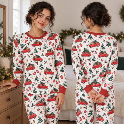 Matching xmas family pajamas outfit displayed flat