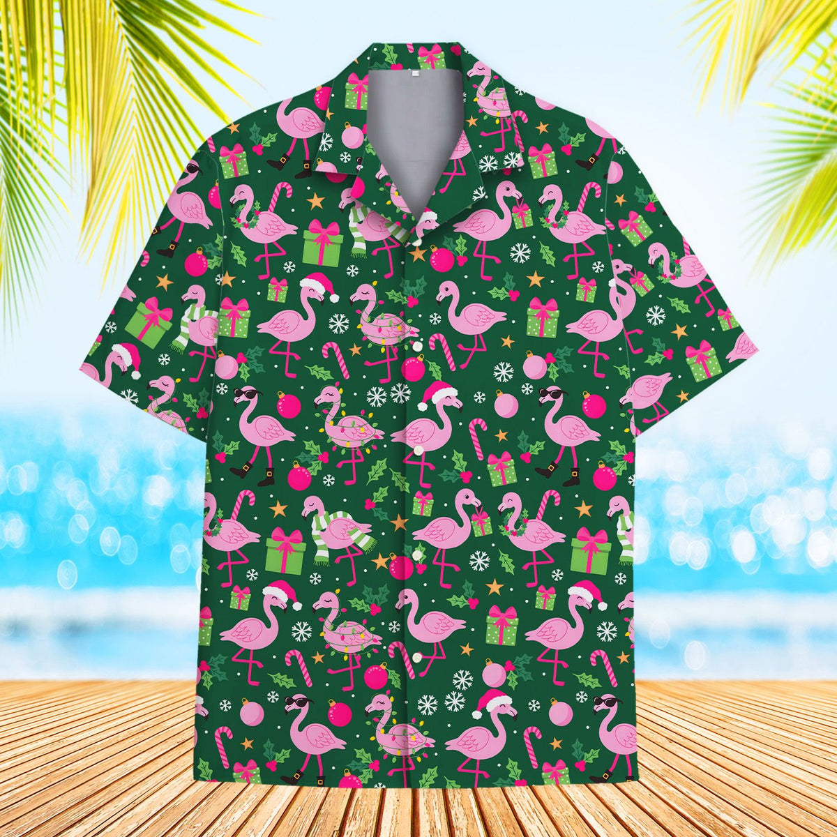 Front view of the flamingo pajama set displaying candy canes and ornaments