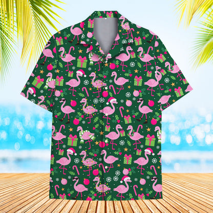 Front view of the flamingo pajama set displaying candy canes and ornaments