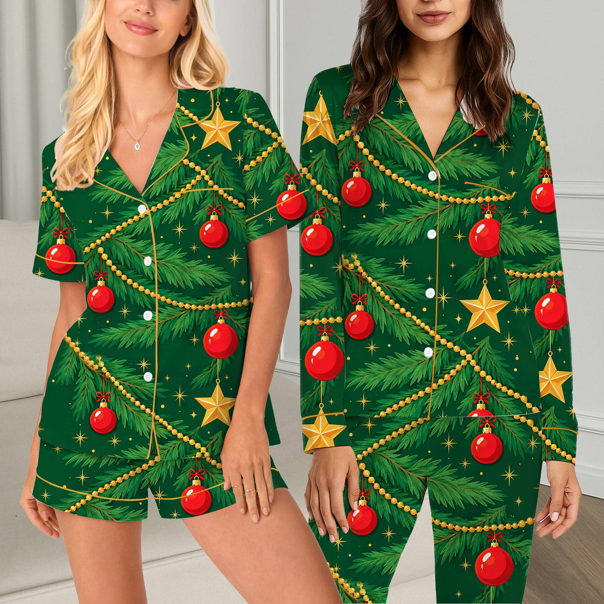 Matching family christmas pajama set featuring various holiday patterns, front view 5