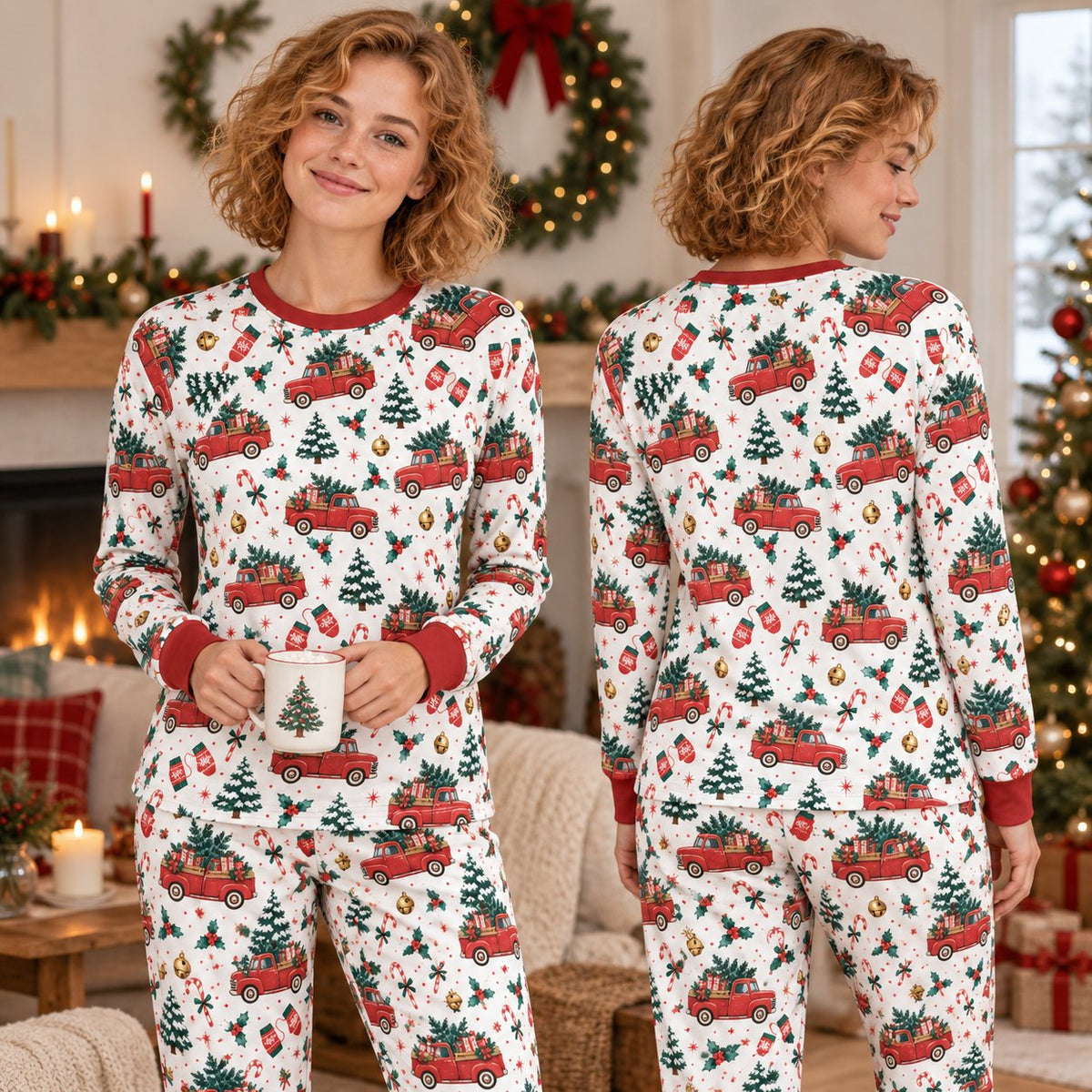 Front view of matching family holiday pajamas