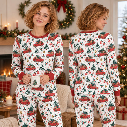 Front view of matching family holiday pajamas