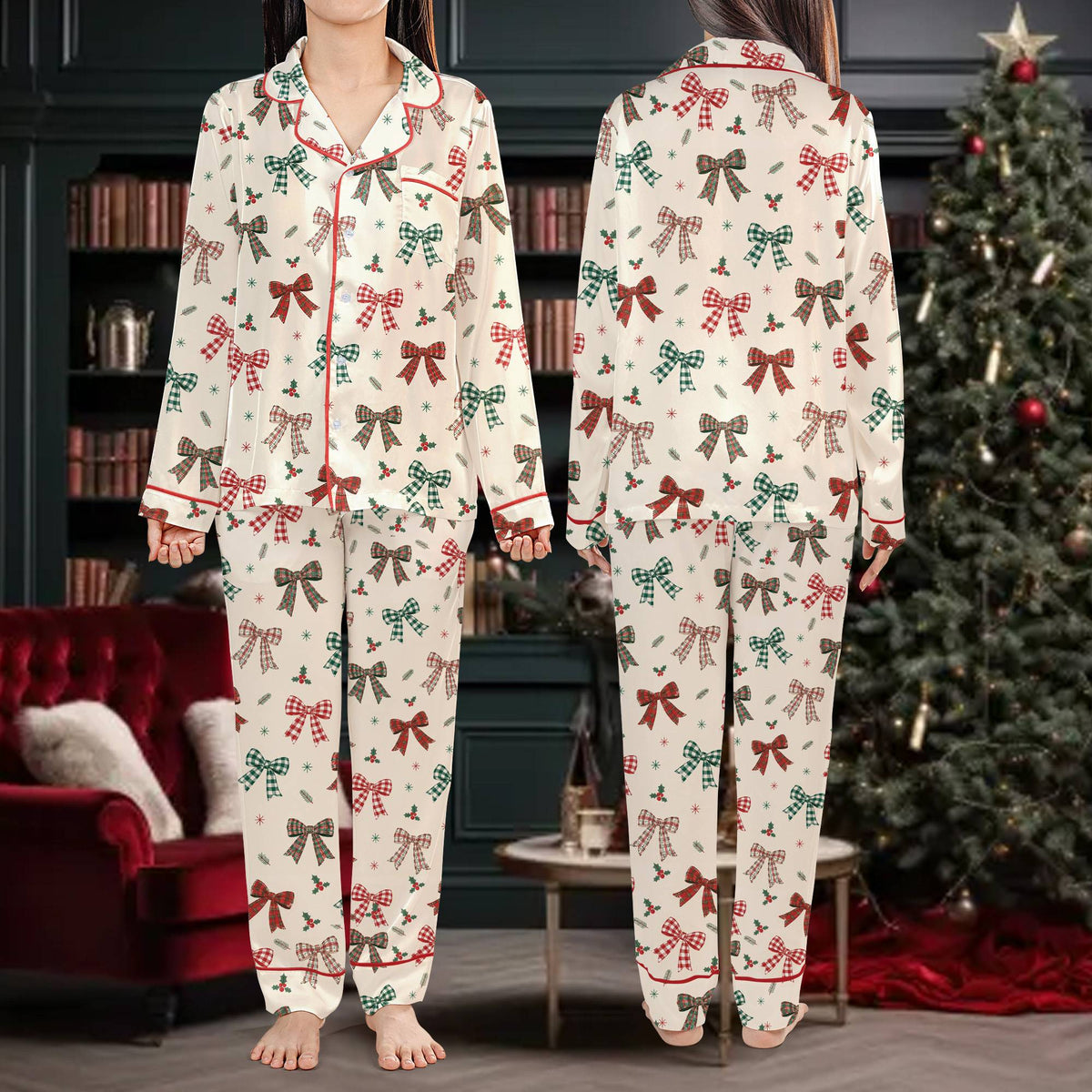 Lifestyle shot of festive pajama set with red and green plaid bows
