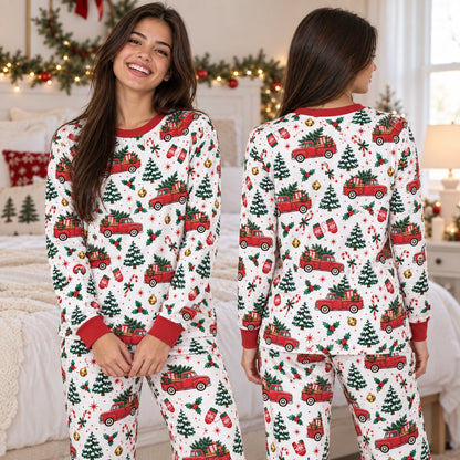 Lifestyle view of vintage red truck pajamas