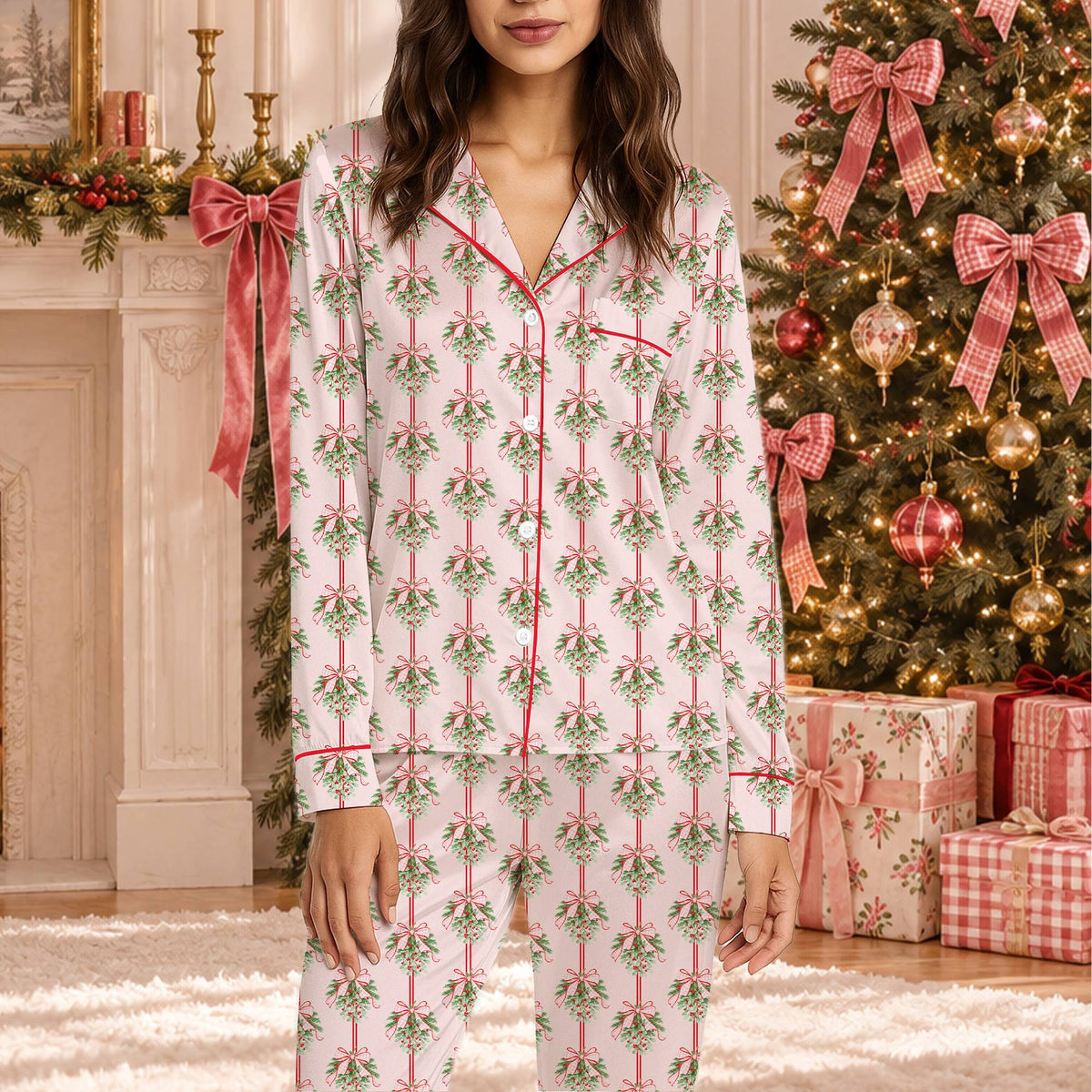Close up front view of the matching pink mistletoe pajama pants