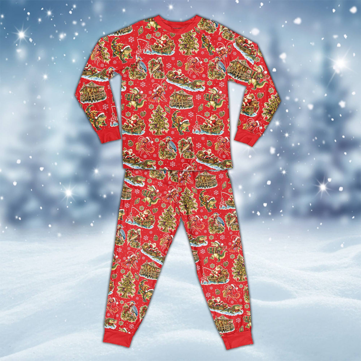Multicolor christmas pajama set with vibrant Southern print, front view