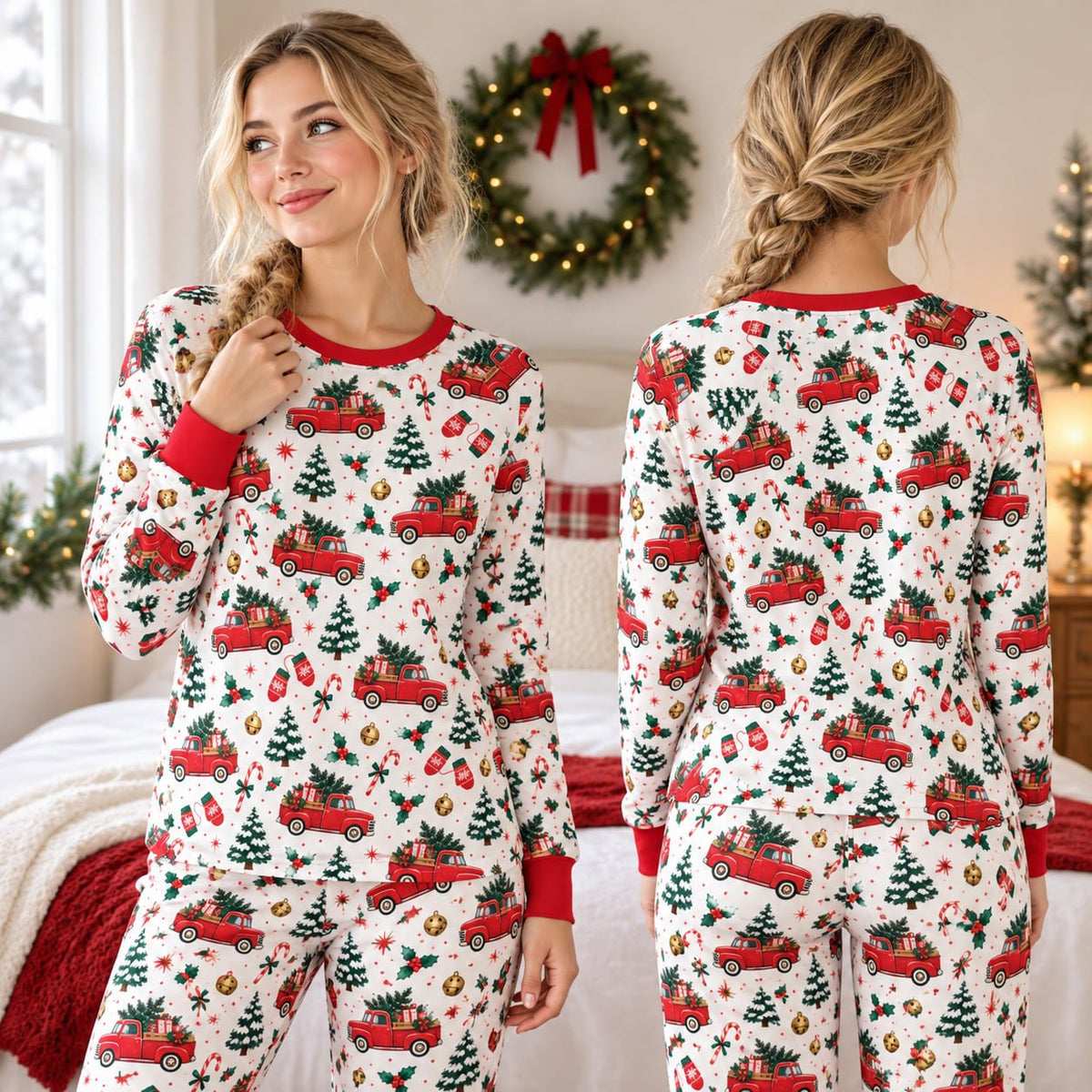 Close up of red collar and cuff detail on pajama set