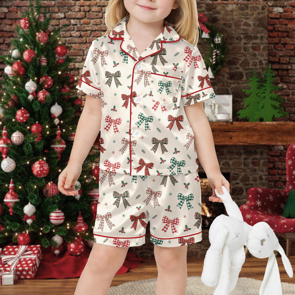 Another lifestyle view of matching family pajamas for the holiday season
